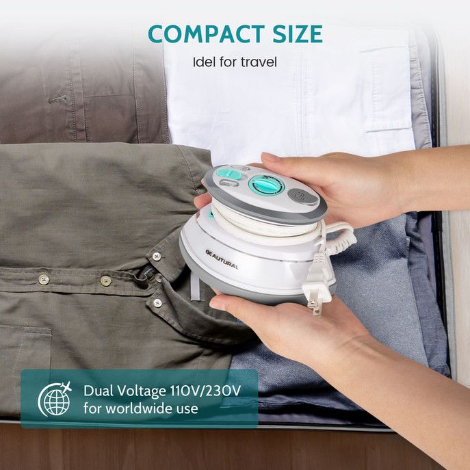 BEAUTURAL Mini Travel Steam Iron for Clothes with Dual Voltage Non Stick Soleplate Anti Slip Handle Ideal for Sewing Quilting and Handcraft