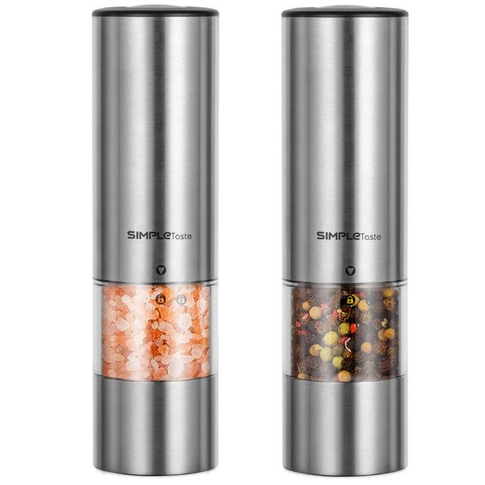 SIMPLETASTE Electric Salt and Pepper Grinder Set Automatic One Handed Stainless Grinders with Lights and Adjustable Coarseness Battery Operated