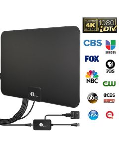 1byone Digital Amplified Indoor HD TV Antenna Up to 80 Miles Range, Amplifier Signal Booster Support 4K 1080P UHF VHF Freeview HDTV Channels, 10ft Coax Cable