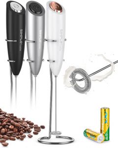SIMPLETaste Milk Frother Handheld Battery Operated Electric Foam Maker, Drink Mixer with Stainless Steel Whisk and Stand for Cappuccino, Bulletproof Coffee, Latte, White