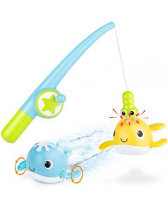 KINDIARY Bath Toys, Magnetic Fishing Games with Wind-up Swimming Whales, Water Table Pool Fun Time Bathtub Tub Toy for Toddlers Baby Kids Infant Girls Boys
